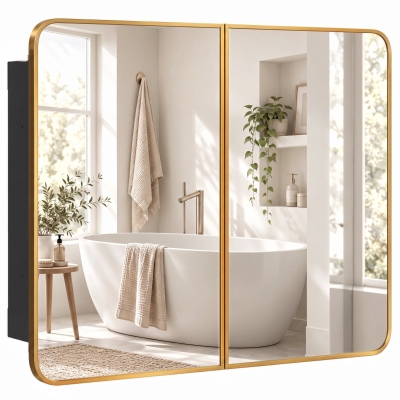 HOMCOM Mirror Cabinet Wall-Mounted Adjustable Shelves Gold 76cm