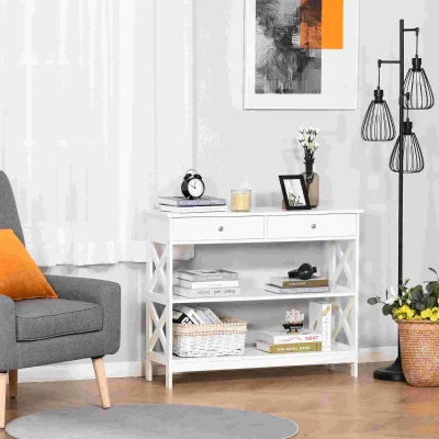 HOMCOM Console Néo-Rétro Bois Blanc 2 Tiroirs