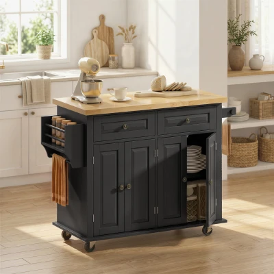 HOMCOM Isla de Cocina con Ruedas Mueble Auxiliar de Cocina con Especiero y Barra Lateral 111x44,5x82,5 cm Negro