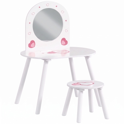 AIYAPLAY Tocador Infantil con Taburete y Espejo Tocador para Niñas con Dibujos de Corazones para Niños y Niñas de 3-6 Años Blanco