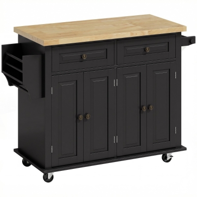 HOMCOM Isla de Cocina con Ruedas Mueble Auxiliar de Cocina con Especiero y Barra Lateral 111x44,5x82,5 cm Negro