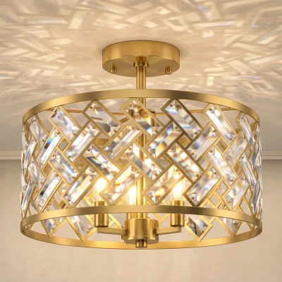 HOMCOM Modern Crystal Ceiling Light 3-Light Glass Gold