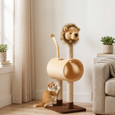 PawHut Krabpaal 104 cm, kattenboom in leeuwdesign met krabpalen, tunnel en hangende staart, voor katten tot 7 kg, lichtbruin