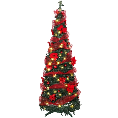 HOMCOM Árvore de Natal Artificial 180 cm com 150 Luzes LED 200 Ramos 11 Modos Bolas Fitas e Suporte Dobrável Verde e Vermelho