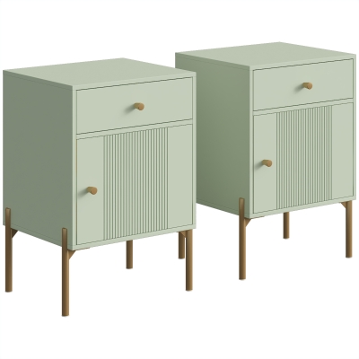 HOMCOM Modern Side Table Set with Drawer Cabinet Metal Legs Light Green