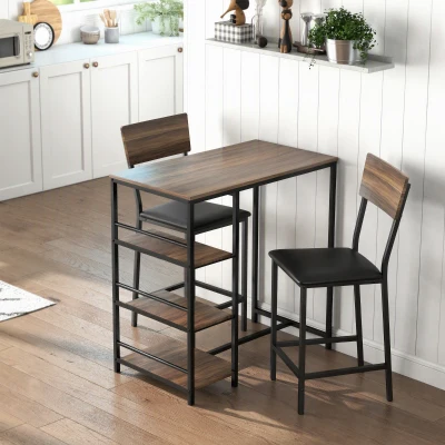 HOMCOM Table Bar 3 Étagères + 2 Tabourets Bois/Acier Noir Noyer