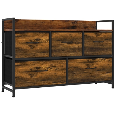 HOMCOM Cómoda de Quarto com 5 Gavetas, Cómoda em Tecido com Tampo de Madeira, Castanho e Preto