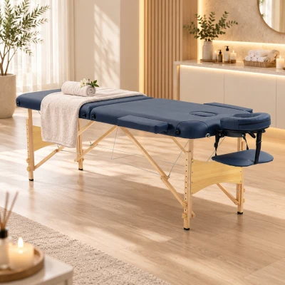 HOMCOM Portable Massage Table 2-Section Wooden Frame Dark Blue
