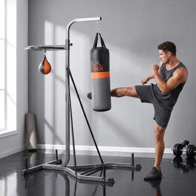 HOMCOM Sacco da Boxe con Stazione Multiuso 115W x 157D x 221H cm Nero e Grigio