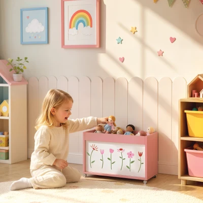 AIYAPLAY Baule Portagiochi per Bambini con Ruote e Freno, Rosa