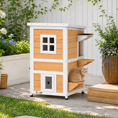 PawHut Caseta para Gatos de Madera Exterior de 2 Niveles con Techo Abatible Panel Central Extraíble 51x51x81,3 cm Natural