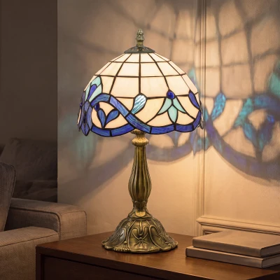 HOMCOM Lámpara de Mesa Tiffany Vintage Lámpara de Mesita de Noche con Coloreado Pantalla de Vidrio para dormitorio Salón Azul