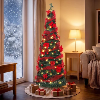 HOMCOM Árvore de Natal Artificial 180 cm com 150 Luzes LED 200 Ramos 11 Modos Bolas Fitas e Suporte Dobrável Verde e Vermelho