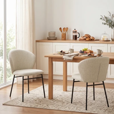 HOMCOM Set de 2 scaune de sufragerie șezut căptușit din material cu aspect de in picioare stabile din oțel design modern crem