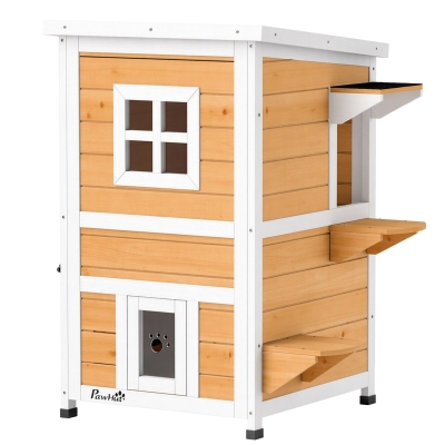 PawHut Caseta para Gatos de Madera Exterior de 2 Niveles con Techo Abatible Panel Central Extraíble 51x51x81,3 cm Natural