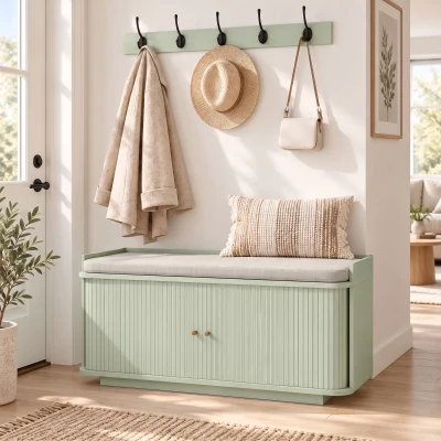 HOMCOM Hallway Storage Cabinet with Coat Rack 5 Hooks Light Green