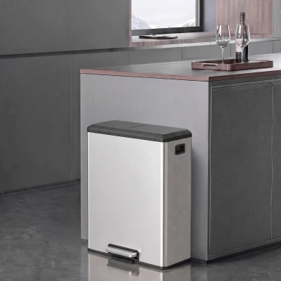 HOMCOM Poubelle Double 2x30L Acier Inox Cuisine Argent