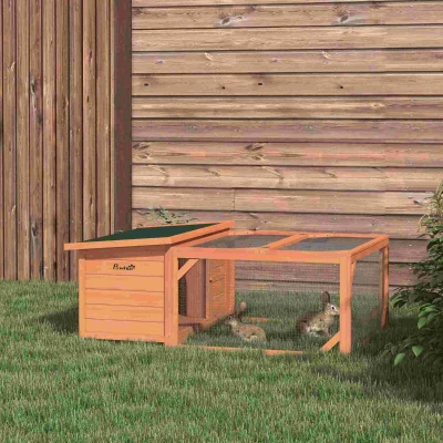 PawHut Clapier d'extérieur, cage lapin avec enclos, toit en asphalte, cadre en bois, 125,5 x 100 x 49 cm, orange