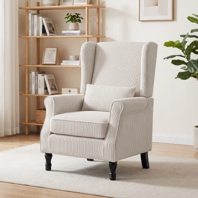 HOMCOM Sillón de Salón, Sillón Auxiliar Moderno en Terciopelo Acanalado con Respaldo Alto con Orejas, Cojín Lumbar, Beige