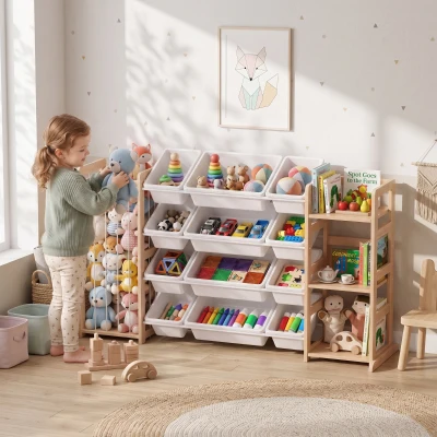 AIYAPLAY Estantería Infantil de Juguetes de Madera con 12 Cajas Organizador de Peluches 3 Estantes 146x39,5x88 cm Natural