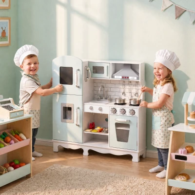 AIYAPLAY Cocina de Juguete de Madera con Luces y Sonidos Realistas Campana Extractora Dispensador de Agua Cafetera Nevera Horno