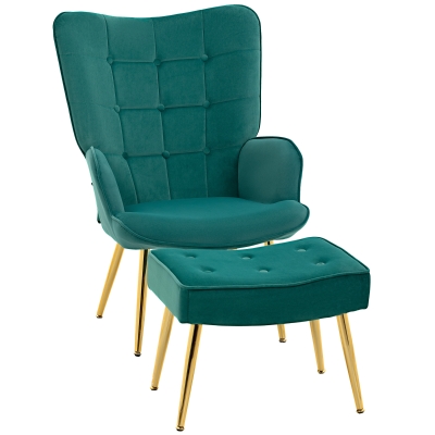HOMCOM Modern Wingback Armchair with Footstool, Dark Green