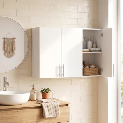 HOMCOM Wall Cabinet 3-Door Adjustable Shelf Bathroom White