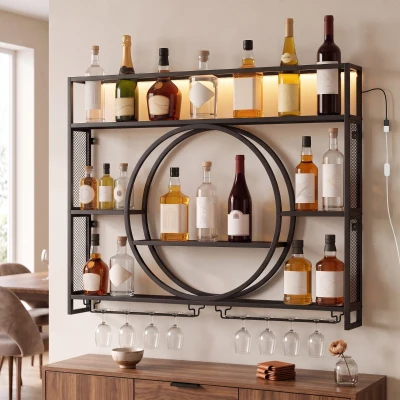 HOMCOM Porte-bouteilles Mural LED Noir avec Porte-verres et Étagères