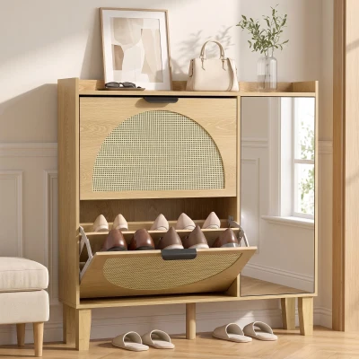 HOMCOM Pantofar Îngust Boem cu Oglindă 2 Uși din Ratan Dulap 10 Perechi Rafturi Reglabile 94,5x24x96,5 cm Stejar