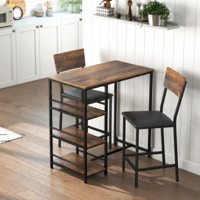 HOMCOM Conjunto Mesa de Bar com 2 Bancos, Mesa Alta para Cozinha e 2 Cadeiras de Bar Estofadas em PU, Castanho Rústico