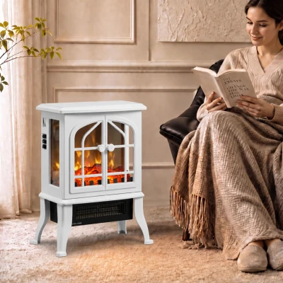 HOMCOM Chimenea Eléctrica de Pie  900/1800W Efecto Llama 3D Termostato Ajustable Ventanas Visibles para 15-30 ㎡ Blanco
