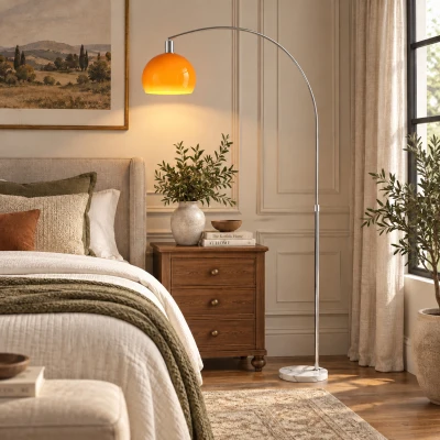 HOMCOM Lampadaire Arqué Métal et Marbre 180cm Blanc/Orange