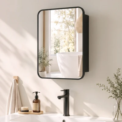 HOMCOM Medicine Mirror Cabinet Wall Storage Adjustable Shelf Black