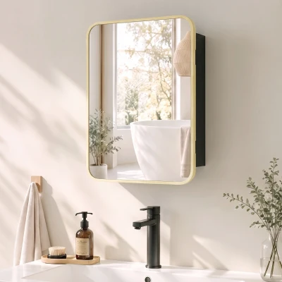 HOMCOM Mirror Medicine Cabinet Wood Wall-Mounted Adjustable Natural