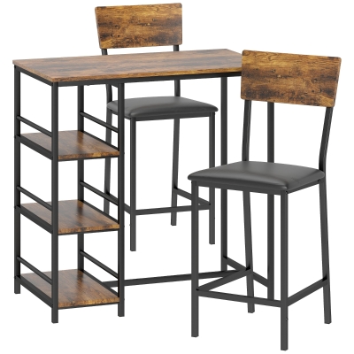 HOMCOM Conjunto Mesa de Bar com 2 Bancos, Mesa Alta para Cozinha e 2 Cadeiras de Bar Estofadas em PU, Castanho Rústico