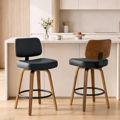 HOMCOM Bancos de Bar Giratórios 360° em Pele Sintética PU com Pernas de Madeira Curvas, Encosto Acolchoado e Apoio para os Pés, 44x49x95 cm, Preto
