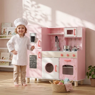 AIYAPLAY Cocina de Madera Infantil con Sonido Fogón Horno Grifo Fregadero Microondas Lavadora Máquina de Hielo Rosa