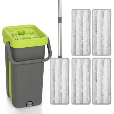 HOMCOM Wischmopp- und Eimerset mit Auswringsystem, Flachmopp, 2 Kammern, Drehkopf, nass/trocken, Dunkelgrau