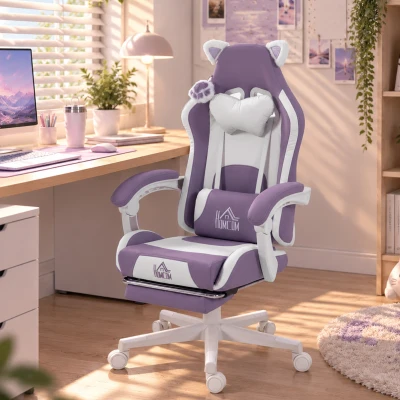 HOMCOM Sedia da Gaming con Orecchie e Poggiapiedi Viola