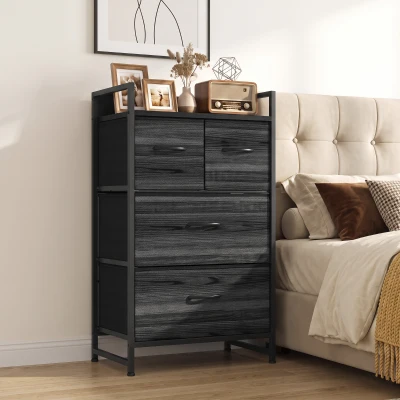 HOMCOM Chest Four Fabric Drawers Rustic Wood Effect Black