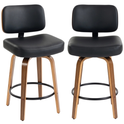HOMCOM Bancos de Bar Giratórios 360° em Pele Sintética PU com Pernas de Madeira Curvas, Encosto Acolchoado e Apoio para os Pés, 44x49x95 cm, Preto