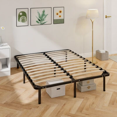HOMCOM Double Metal Bed Frame 4ft6 Wood Slats Storage Black