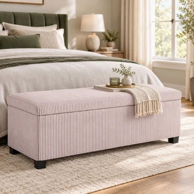 HOMCOM Banco Almacenaje Capacidad de 84 L 112x42x40cm Tapizado en Pana Pie de Cama para Sala de Estar Dormitorio Rosa