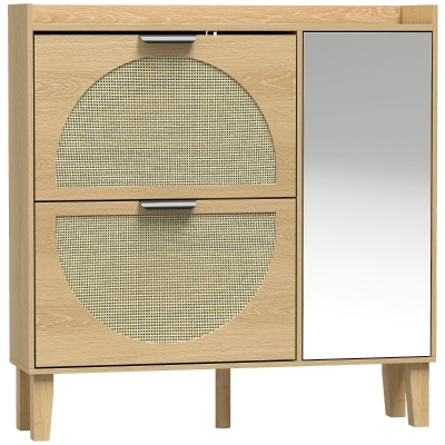 HOMCOM Zapatero Estrecho Bohemio con Espejo 2 Puertas de Ratán Armario 10 Pares Estantes Ajustables 94,5x24x96,5 cm Roble