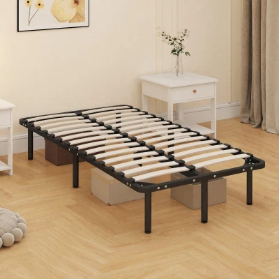 HOMCOM Single Metal Bed Frame Wood Slats Storage Black 3ft