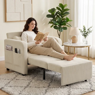 HOMCOM Sofá Cama 1 Plaza Convertible 3 en 1 de Pana con Respaldo Ajustable Almohada Extraíble para Salón Dormitorio Beige