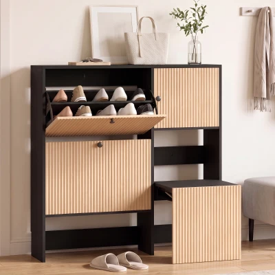 HOMCOM Zapatero Estrecho con 2 Cajones Abatibles Armario Taburete Oculto Estantes Ajustables 8-10 Pares 100x23,8x100 cm Roble
