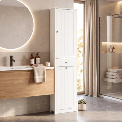 HOMCOM Meuble Salle de Bain Moderne Blanc 45x30x180cm Tiroir Panier