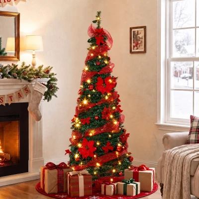 HOMCOM Árbol de Navidad Artificial 150 cm con 100 Luces LED 150 Ramas 11 Modos Bolas, Cintas Soporte Plegable Verde y Rojo