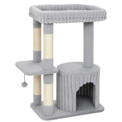 PawHut Katzenbaum, 93 cm 3 stufiger Kratzbaum mit Sisal-Kratzstämmen, Kuschelhöhle, großer Liegefläche, Plattform, bis 6 kg